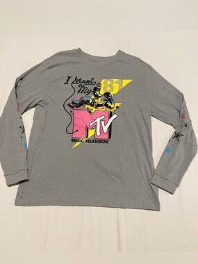 MTV I Want My MTV Astronaut Moonman Grey Long Sleeve Graphic Tee L